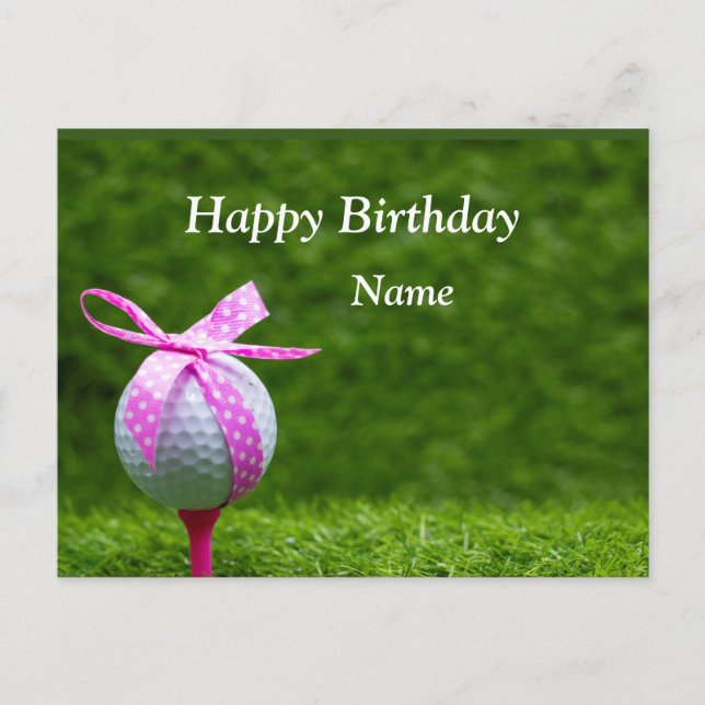 Postal Balón de golf con mujer de cinta rosa cumpleaños d (Anverso)
