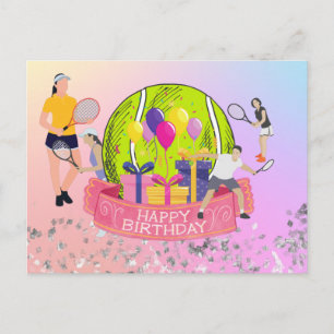 Postal Balón de tenis con feliz cumpleaños en arco iris
