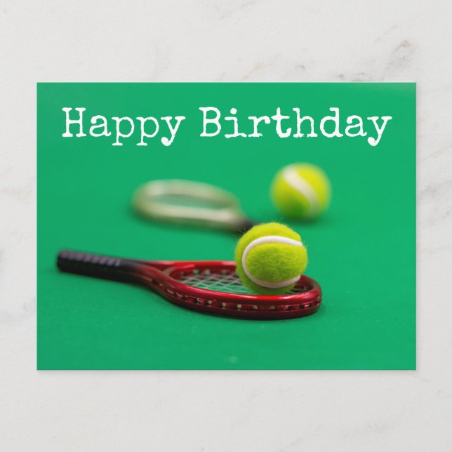 Postal Balón de tenis y raqueta roja en el cumpleaños fel (Anverso)