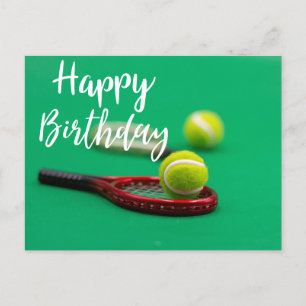 Postal Balón de tenis y raqueta roja en el cumpleaños fel