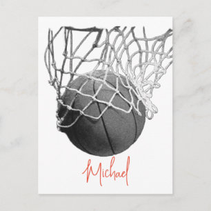 Postal Balón y red de baloncesto en blanco y negro con tu
