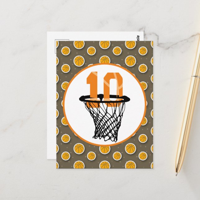 Postal Baloncesto 10 cumpleaños con número en mini aro (Anverso/Reverso In Situ)