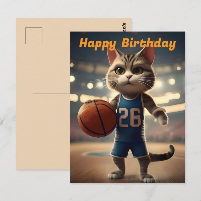 Postal "Baloncesto con un toque de actitud felina" Cumple (Anverso / Reverso)