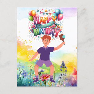 Postal Baloncesto Cumpleaños con flores y arcoiris