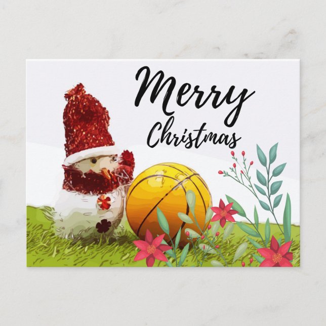 Postal Baloncesto Feliz Navidad con Snowman en verde (Anverso)