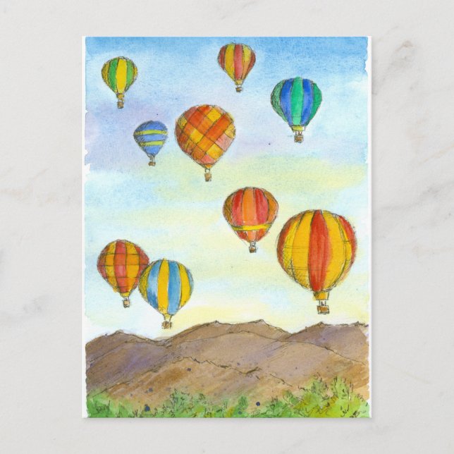 Postal Balones de aire caliente Sunrise Montañas Acuarela (Anverso)