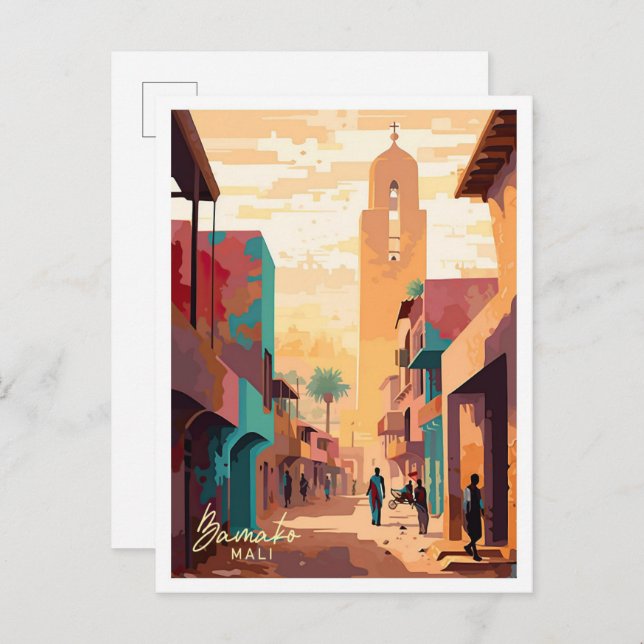 Postal Bamako Mali Ilustracion de viajes de arte africano (Anverso / Reverso)