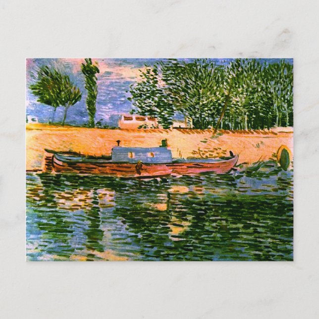 Postal Bancos del Sena con Bella Artes Van Gogh en barco (Anverso)