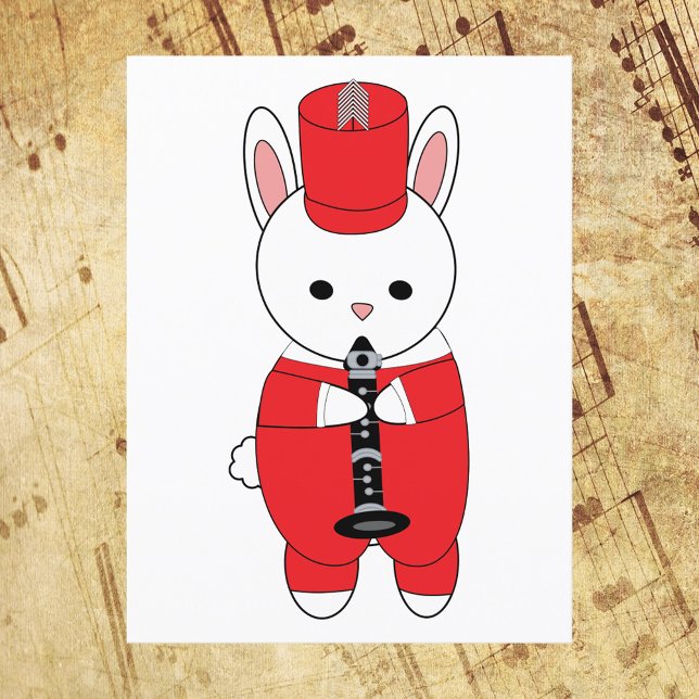 Postal Banda de marcha Conejo Clarinet Blanco Rojo (A postcard featuring a bunny rabbit wearing a red and white marching band uniform playing a clarinet)