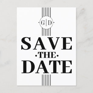 Postal Bandas blancas negras e iniciales Guardar la fecha