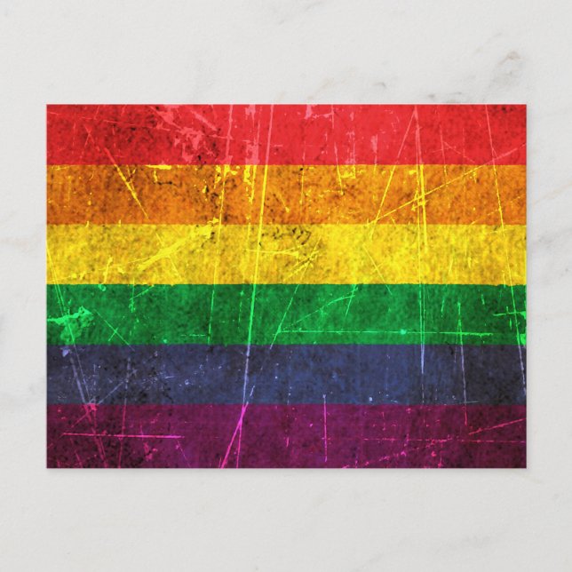 Postal Bandera arcoiris del orgullo gay chamuscada y gast (Anverso)