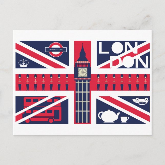 Postal Bandera británica vintage con decoración londinens (Anverso)