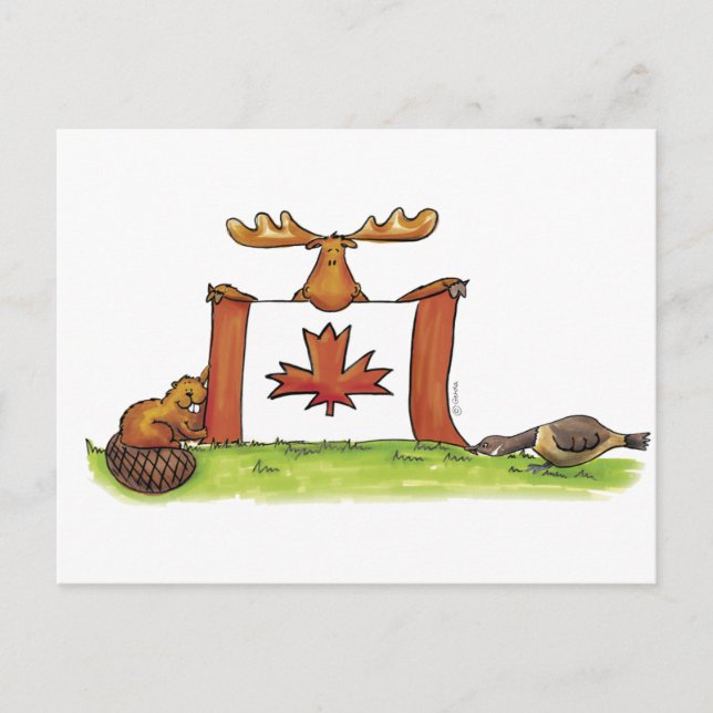 Postal Bandera canadiense con alce, castor y ganso (Anverso)