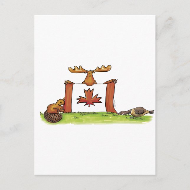Postal Bandera canadiense con alce, castor y ganso (Anverso)