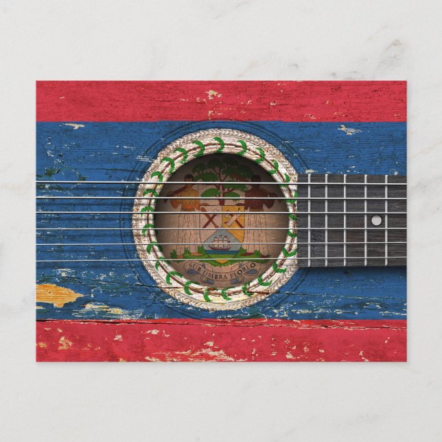 Postal Bandera de Belice en la vieja guitarra acústica (Anverso)