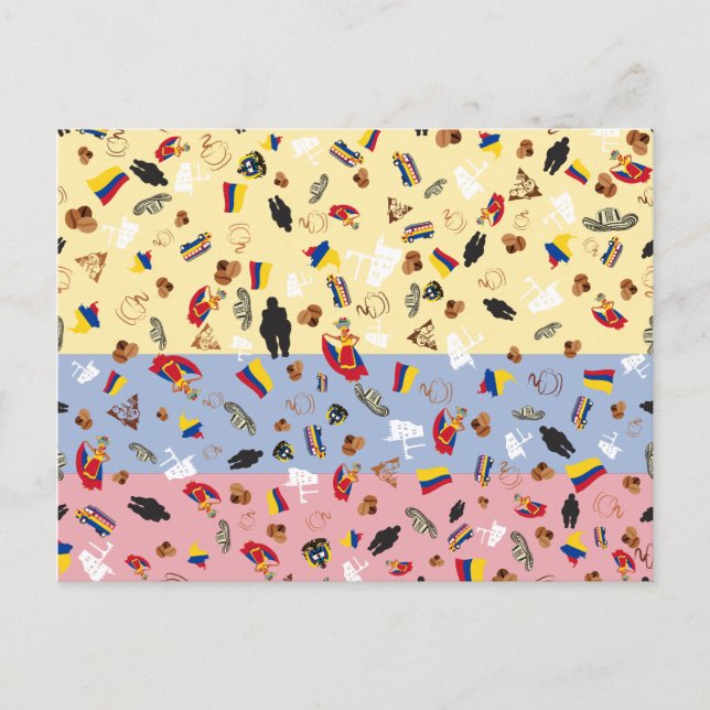 Postal Bandera de Colombia con objetos famosos del país (Anverso)