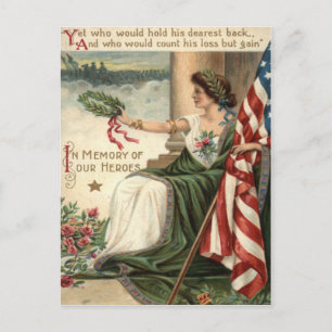 Postal Bandera de EE. UU. Dama Libertad Rosas Soldados