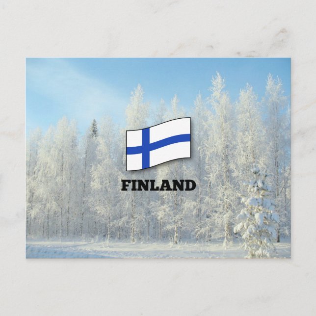Postal Bandera de Finlandia, pinos cubiertos de nieve (Anverso)