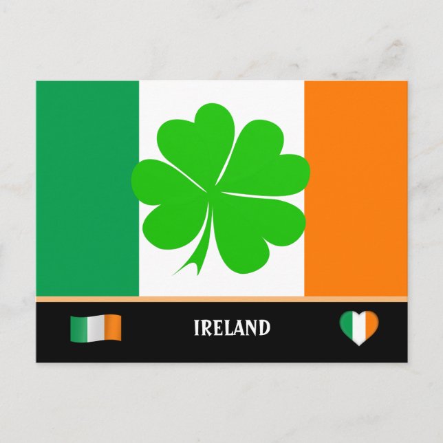 Postal Bandera de Irlanda y hoja de trébol de la suerte / (Anverso)