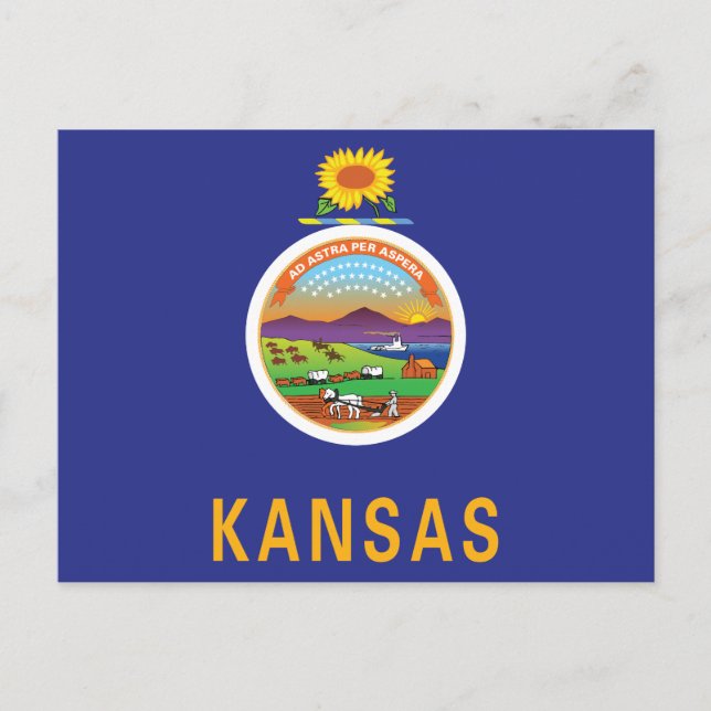 Postal Bandera de Kansas Girasol Sello & Ad Astra Recuerd (Anverso)