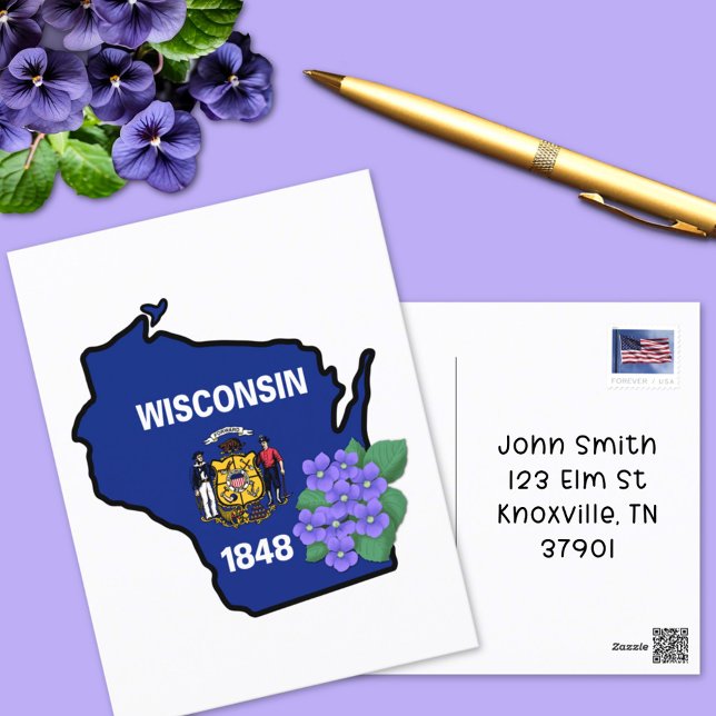 Postal Bandera del Estado de Wisconsin y flores Violeta a (Subido por el creador)