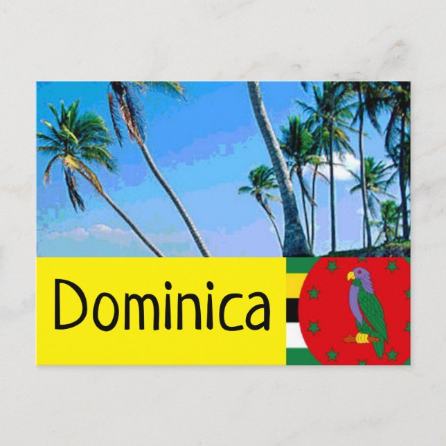 Postal Bandera dominicana con palmeras tropicales (Anverso)