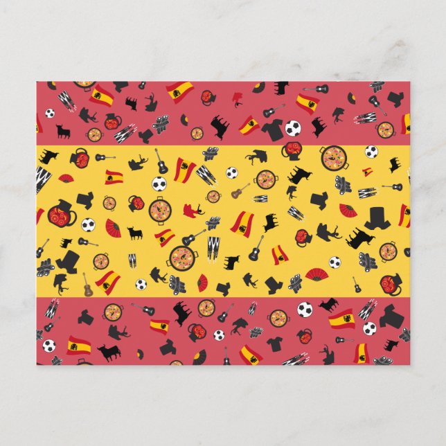 Postal Bandera española con objetos famosos de España (Anverso)