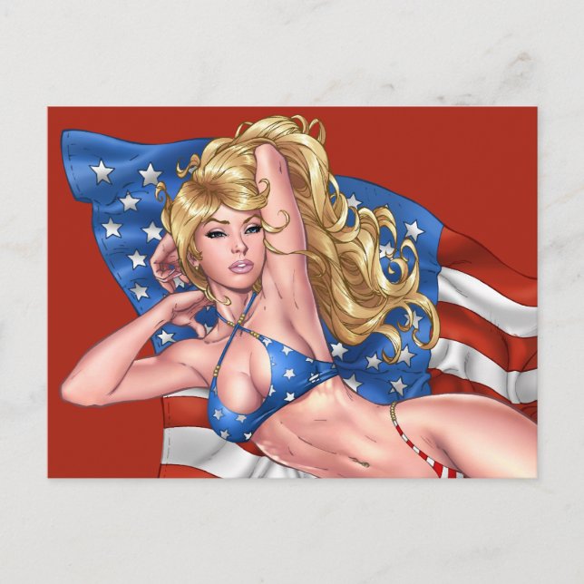 Postal Bandera estadounidense Bikini Pinup Chica de Al Ri (Anverso)