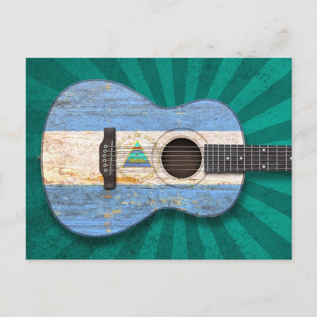 Postal Bandera nicaragüense, guitarra acústica, verde azu (Anverso)