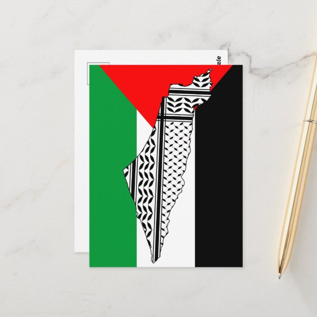 Postal Bandera palestina y mapa con el patrón de Keffiyeh (Anverso/Reverso In Situ)
