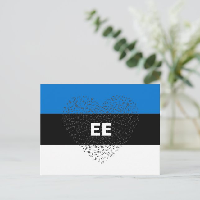 Postal Bandera patriótica de Estonia con corazón musical (Anverso de pie)