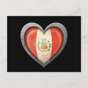 Postal Bandera peruana con corazón con efecto metálico