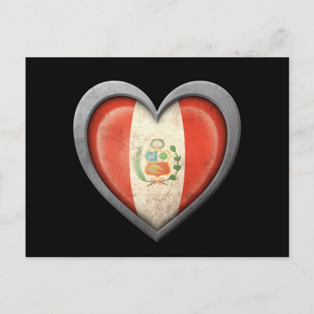 Postal Bandera peruana con corazón con efecto metálico (Anverso)