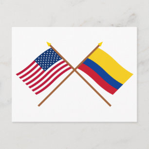 Postal Banderas cruzadas de Estados Unidos y Colombia