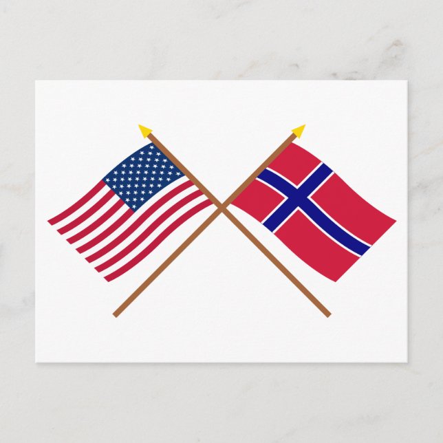 Postal Banderas cruzadas de Estados Unidos y Noruega (Anverso)