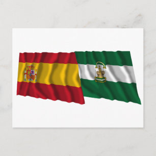 Postal Banderas de España y Andalucía ondeando banderas