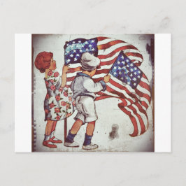 Postal Banderas de ondear de Chica y niño retro