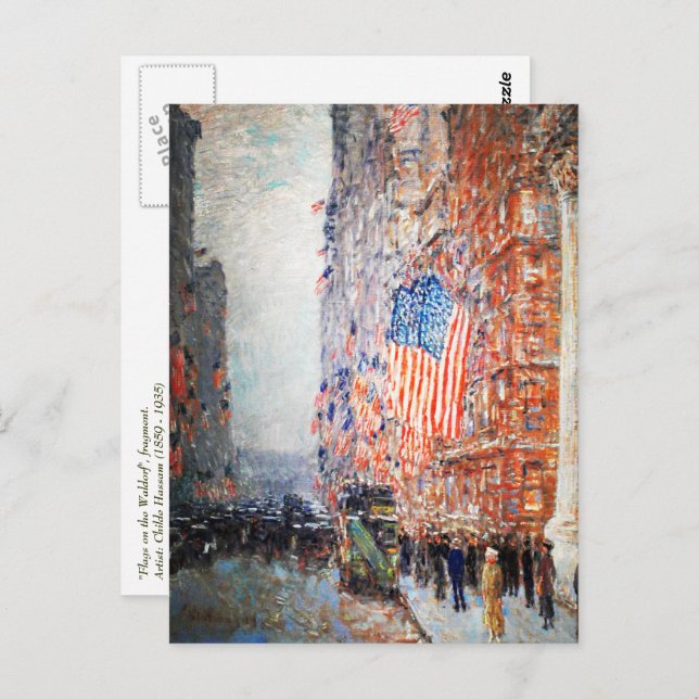 Postal "Banderas en la Waldorf" por Childe Hassam (Anverso / Reverso)