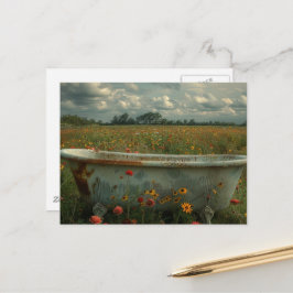 Postal Bañera de época en el prado de flores silvestres