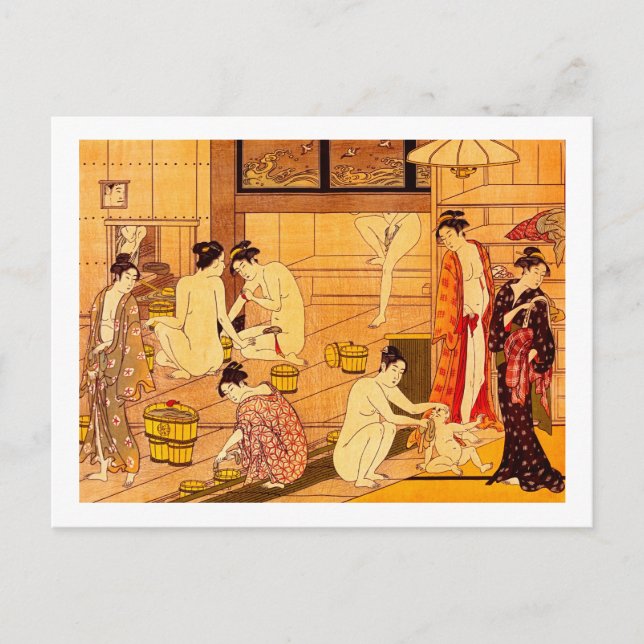 Postal Baño femenino, Bella Artes japonés Torii Kiyonaga (Anverso)
