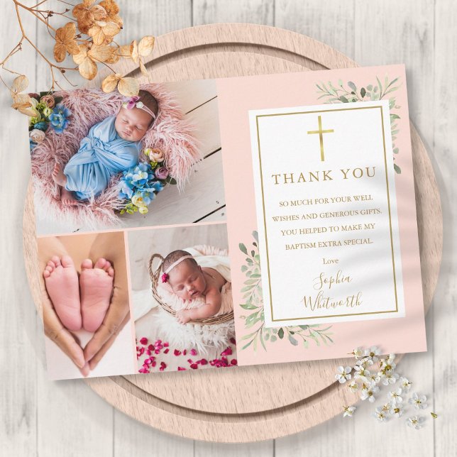 Postal Baptism Greenery Rubor Pink 3 Foto Gracias (Baptism Greenery Blush Pink 3 Photo Thank You Postcard)