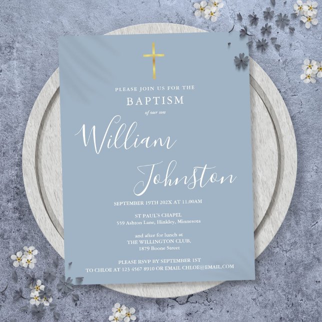 Postal Baptismo Christening Dusty Blue Invitation (Baptism Christening Dusty Blue Invitation Postcard)