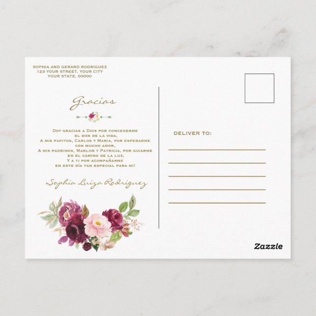 Postal Baptismo floral rosado en Borgoña Gracias (Reverso)