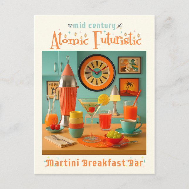Postal Bar de desayunos Martini retrofuturista atómico (Anverso)