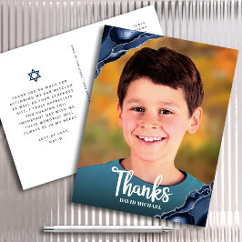 Postal Bar Mitzvah Photo Navy Blue Agate Script Gracias