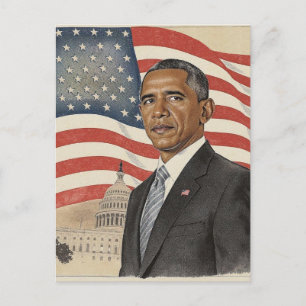 Postal Barack Obama frente a la bandera estadounidense y