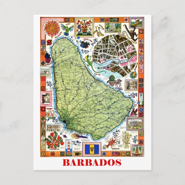 Postal Barbados, mapa de la isla, atracciones turísticas, (Anverso)
