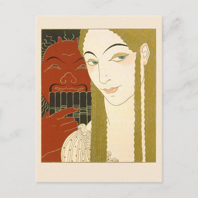Postal Barbier Art Deco Ilustracion Mujer y Diablo (Anverso)