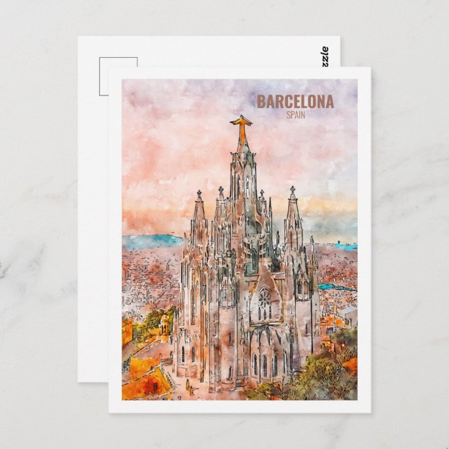 Postal Barcelona España Famoso Sketch acuático de viajes (Anverso / Reverso)
