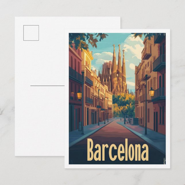 Postal Barcelona España Ilustracion de Viajes de Arte (Anverso / Reverso)